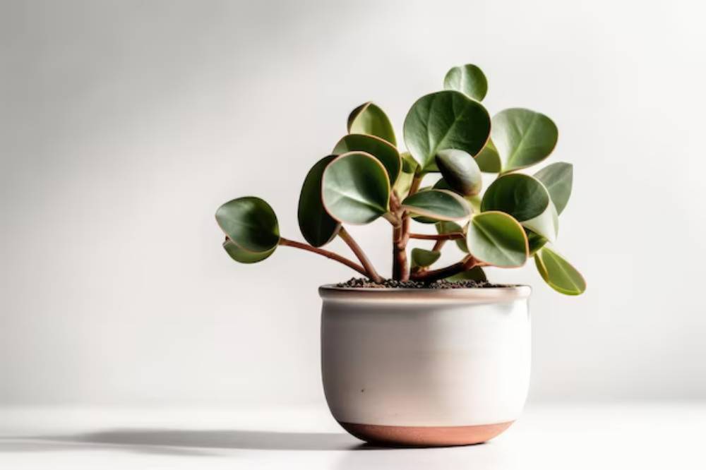 A vibrant green plant with round leaves grows in a modern white pot, set against a soft gray background.