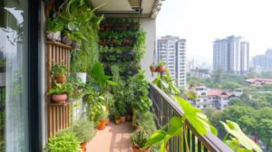 A lush, green balcony garden filled with potted plants and vertical greenery, overlooking a bustling city skyline.
