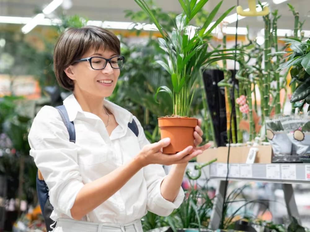 A person in a white shirt holds a potted plant, surrounded by various greenery in a bright garden center.