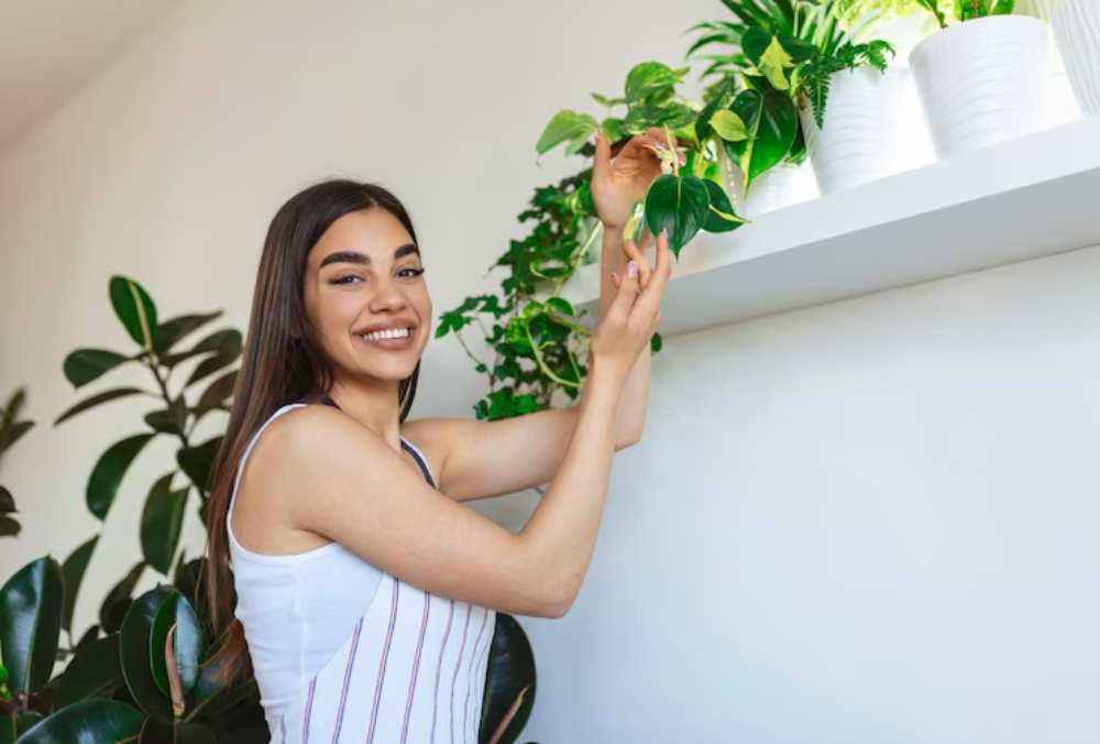 A woman tends to houseplants on a shelf, surrounded by vibrant green foliage in a bright, minimalist room.