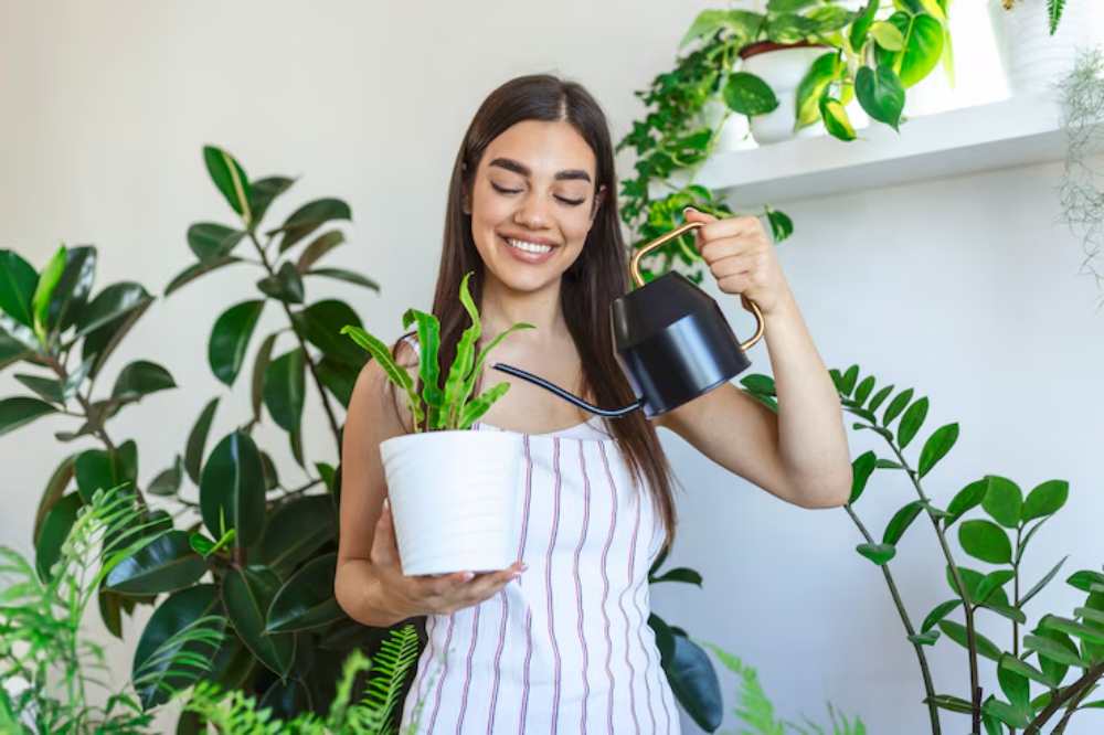 A person holds a potted plant in one hand and a stylish black watering can in the other, surrounded by lush greenery.