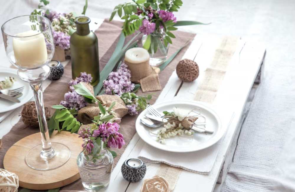 A beautifully arranged dining table featuring flowers, candles, and rustic decor elements for a cozy, elegant atmosphere.
