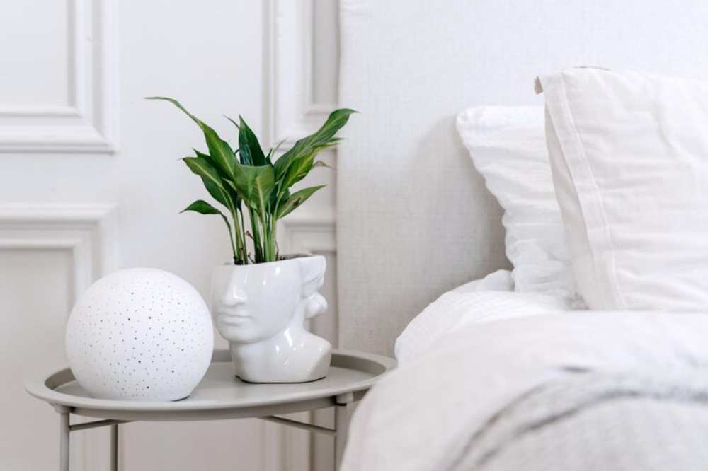 A bedside table with a white decorative sphere, a plant in a vase, and a small ceramic dish against a softly lit background.