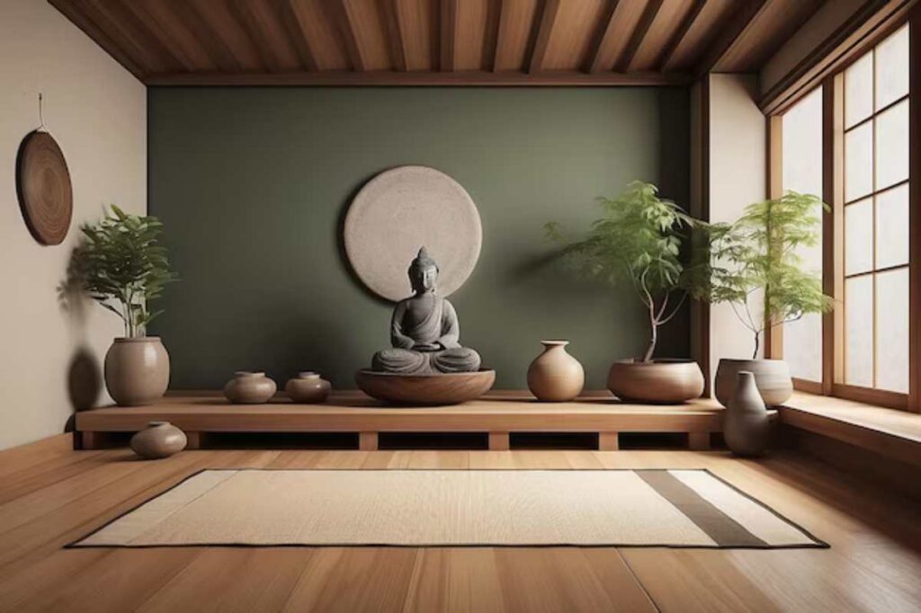 A serene room featuring a stone Buddha statue, natural plants, clay vases, and wooden flooring, exuding tranquility and harmony.