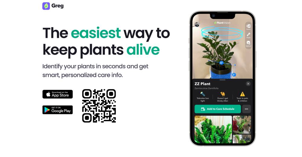 A smartphone displaying the Greg app, showcasing plant identification and care details for a ZZ plant, with download options below.