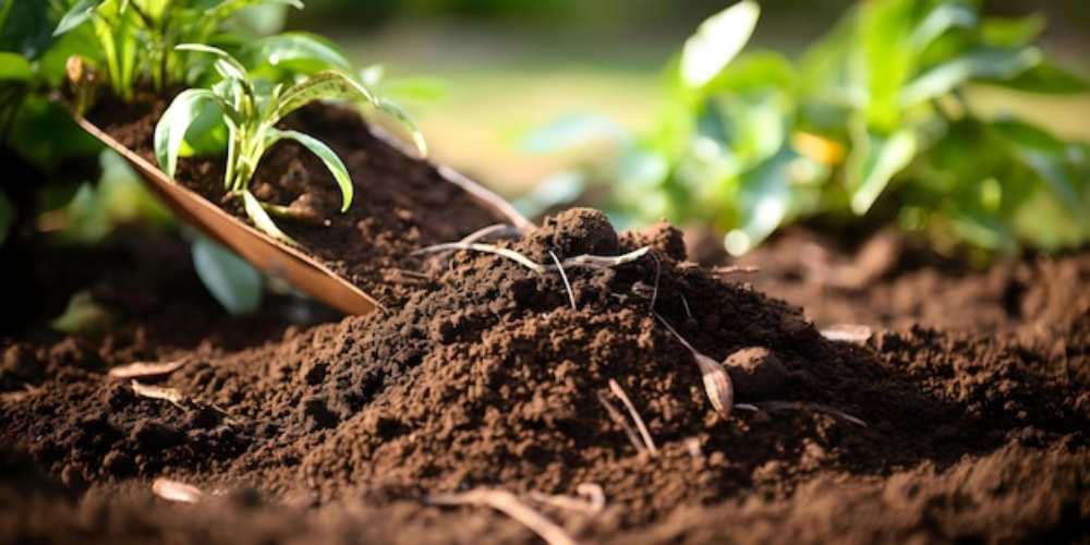 A wooden trowel rests on rich, dark soil, with green plants growing nearby
