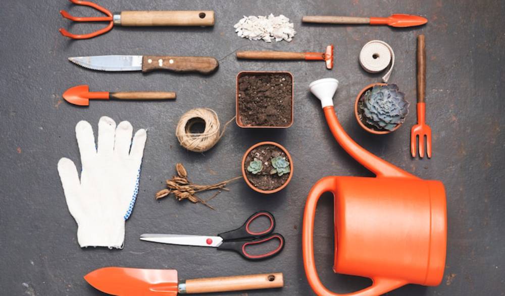 An overhead view of assorted gardening tools including a watering can, gloves, pots, and plants, neatly arranged on a dark surface.