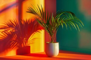 A potted palm stands against vibrant orange and green walls, casting striking shadows on the floor in warm afternoon light.