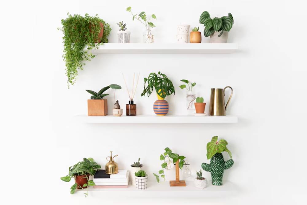 A bright, modern floating wall shelf display featuring various potted plants, decorative items, and greenery against a white wall backdrop.