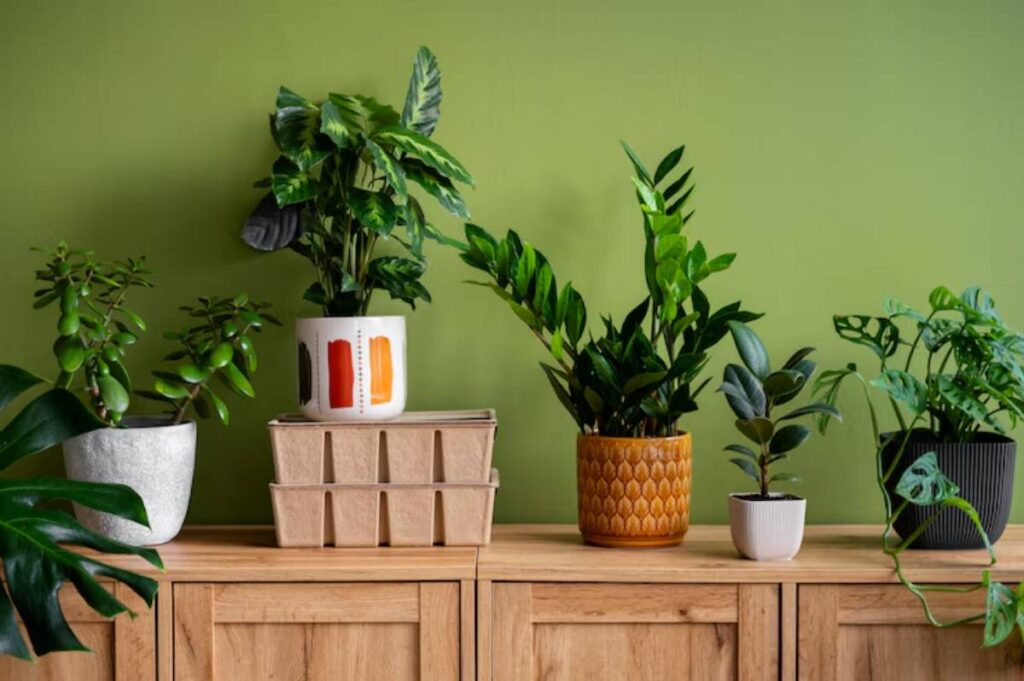 A wooden cabinet displays a variety of potted houseplants against a vibrant green wall, adding a fresh and lively touch to the space.