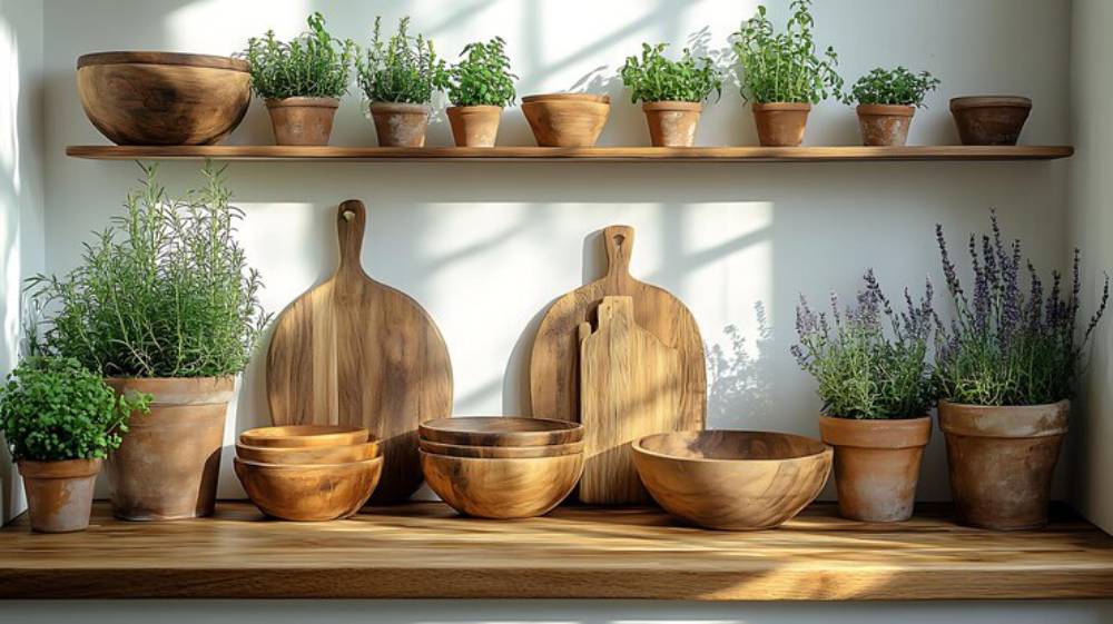 A wooden shelf displaying various potted herbs and plants, alongside rustic wooden bowls and cutting boards, illuminated by soft sunlight.