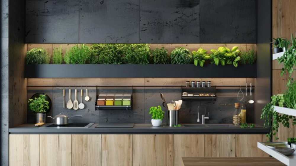 Modern kitchen with wooden cabinetry, black accents, and a vibrant herb garden on a shelf, featuring utensils and cooking supplies neatly organized.