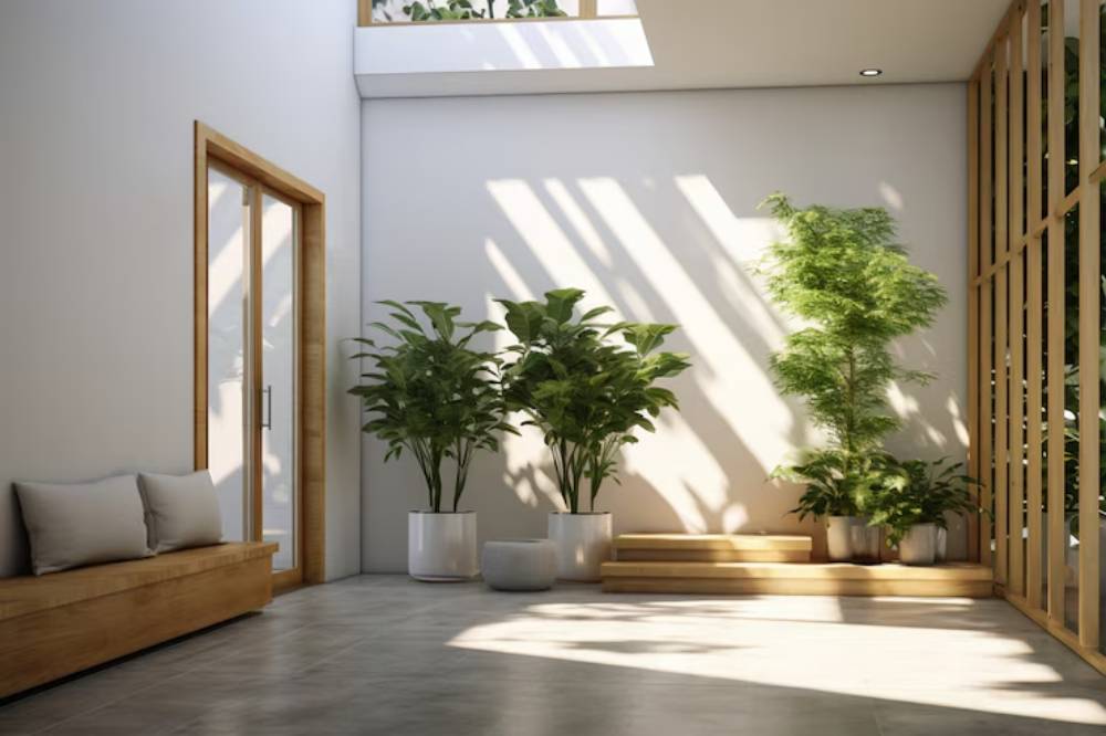 Bright and airy indoor space with wooden accents, plants, and natural light streaming through large windows.