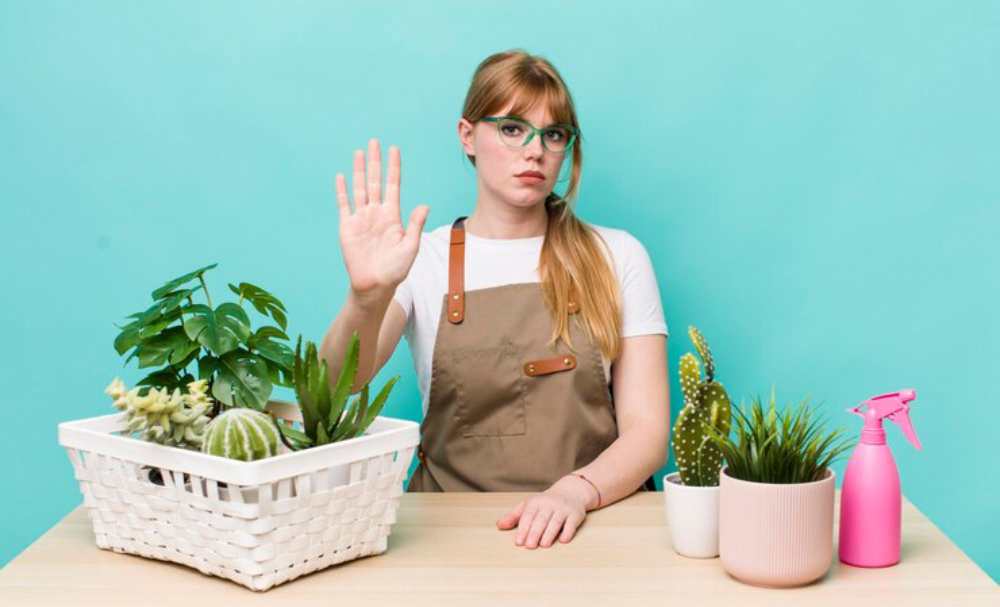 A person in an apron raises a hand, surrounded by various potted plants and a spray bottle on a wooden table against a teal background.