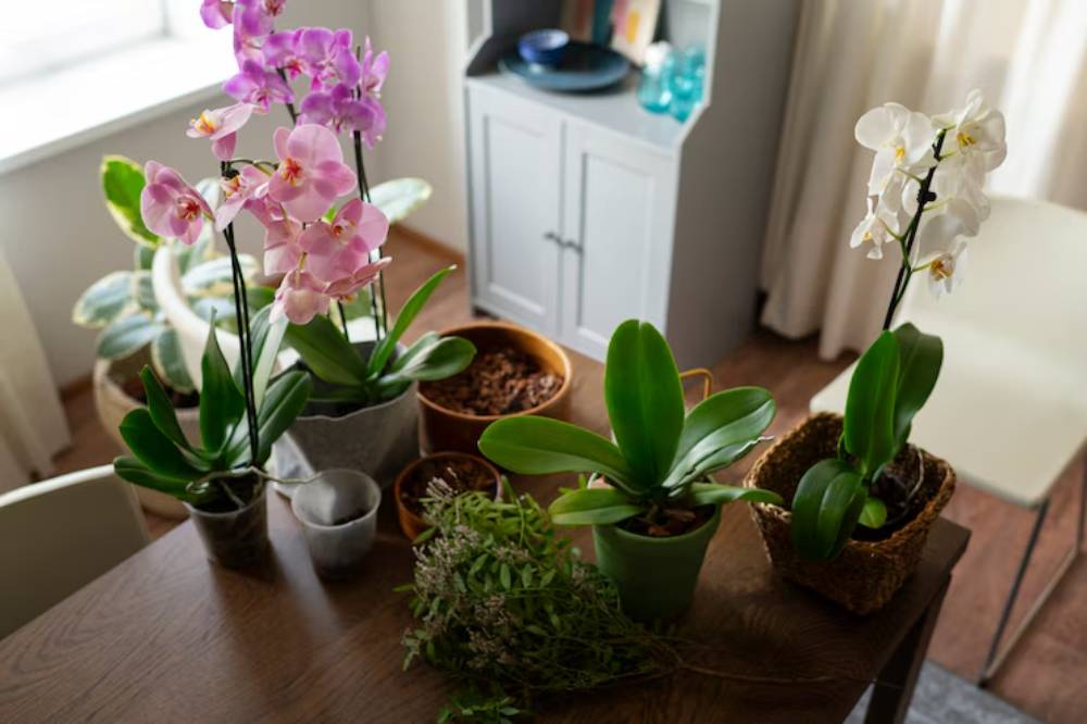 A wooden table topped with various potted orchids and greenery, bathed in soft natural light from a nearby window.
