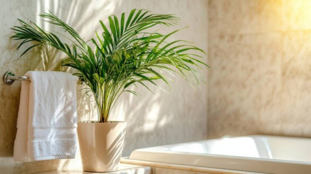 Bright bathroom scene featuring a potted palm plant next to a neatly hung white towel, casting soft shadows in warm sunlight.