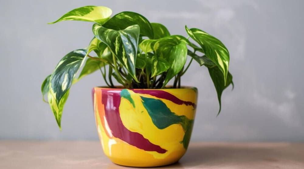 A vibrant pothos plant in a yellow pot with colorful abstract patterns, set against a soft gray background.