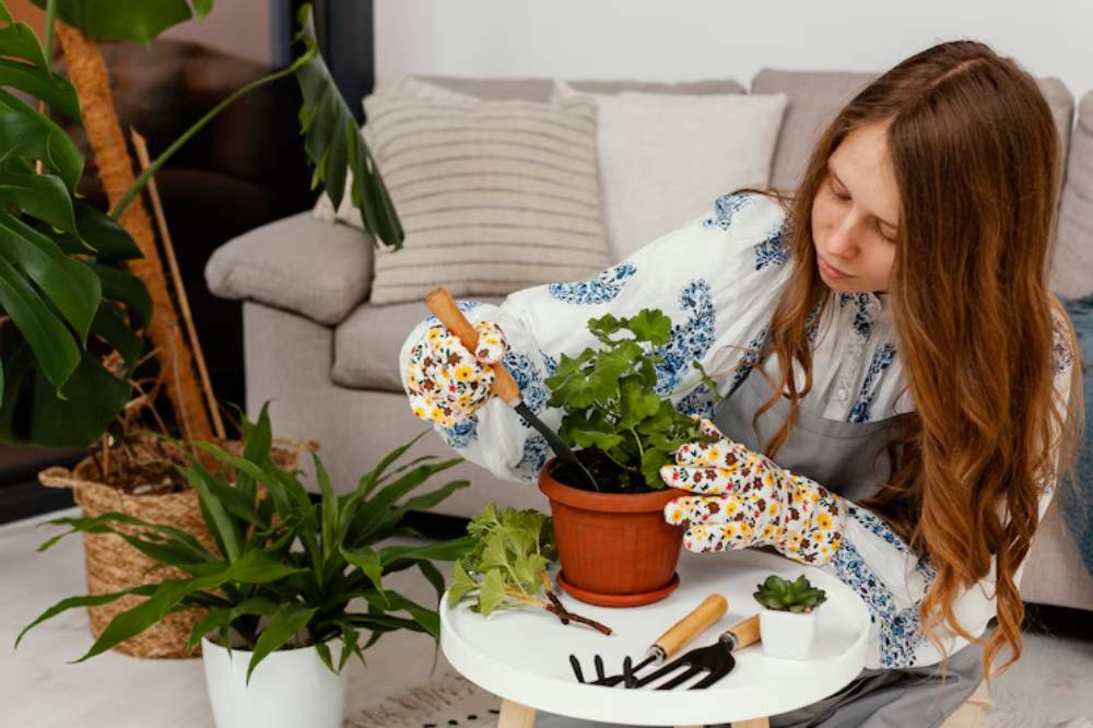 A person wearing floral gardening gloves tends to a potted plant on a small table, surrounded by greenery and a cozy sofa backdrop.