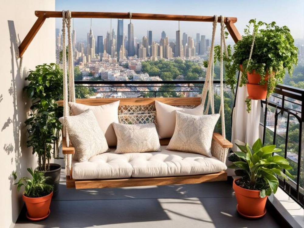 A cozy wooden swing with plush cushions overlooks a city skyline, surrounded by vibrant potted plants on a sunlit balcony.