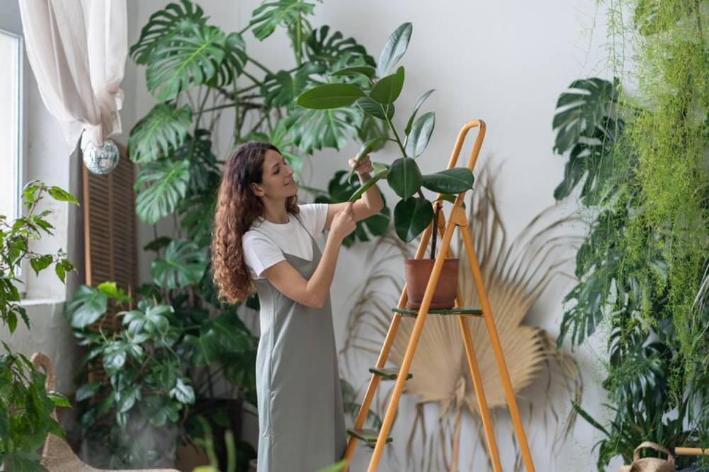 A person on a ladder tends to a leafy potted plant amidst a lush indoor garden filled with various vibrant greenery.
