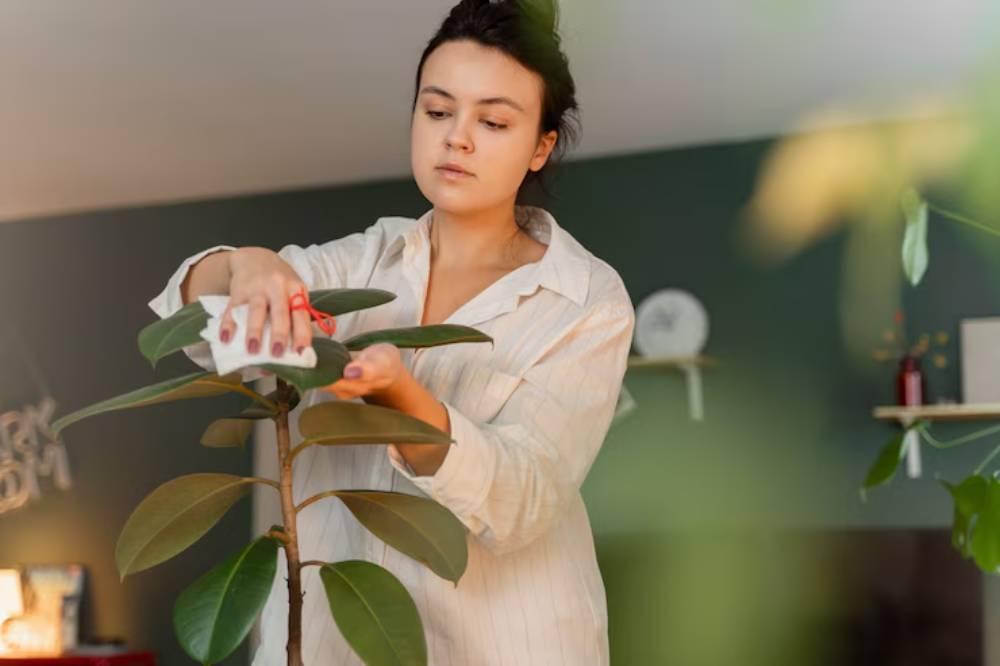 A person in a white shirt wipes dust from a houseplant's leaves, surrounded by a cozy, green-walled indoor space.