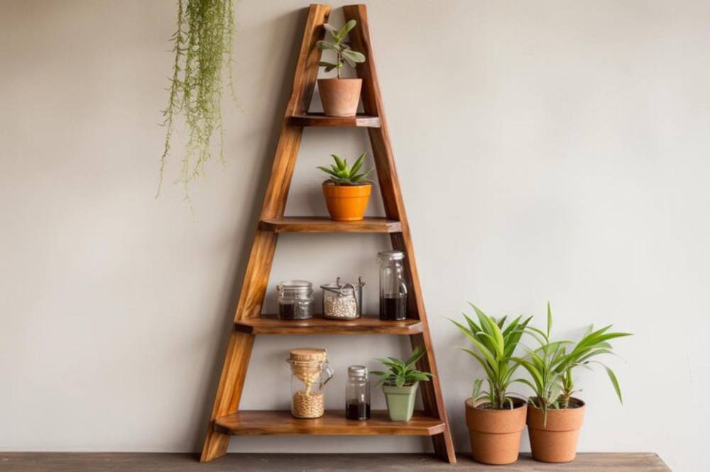 A wooden ladder-style shelf with various potted plants, jars, and decorative items against a plain wall, enhancing a cozy atmosphere.