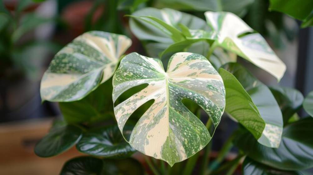 Close-up of variegated Monstera leaves with a mix of green and cream colors, showcasing their unique splits and patterns.