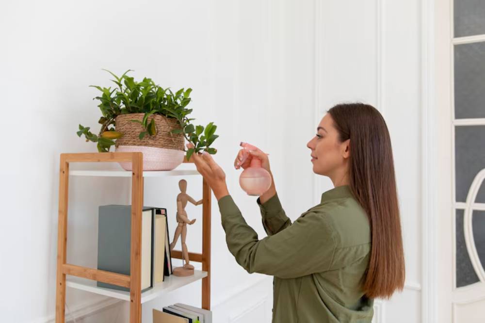 A person in a green shirt sprays water on a leafy potted plant atop a wooden shelf, with books and a wooden figure nearby.