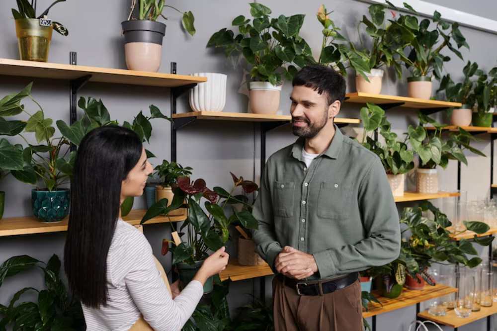 Two individuals converse in a plant shop, surrounded by diverse greenery on wooden shelves, showcasing various potted plants.