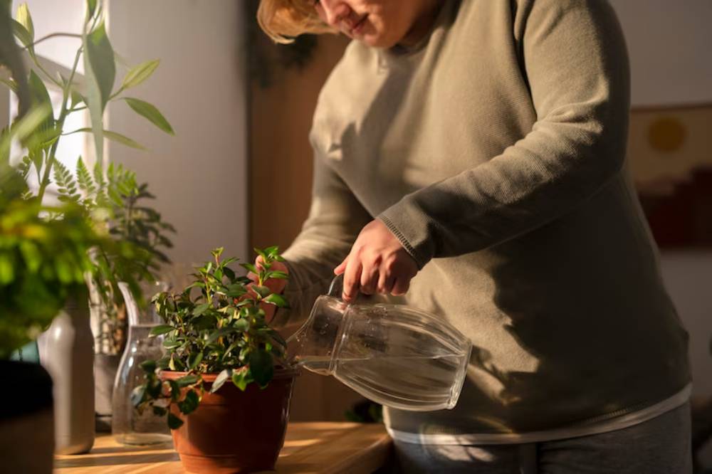 A person in a cozy sweater waters a small potted plant with a glass watering can indoors, surrounded by greenery.