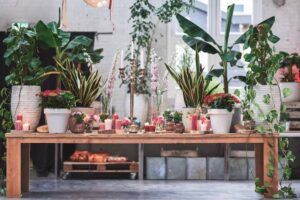 A beautifully arranged wooden table with potted plants, colorful candles, and flowers, set in a bright, plant-filled interior.