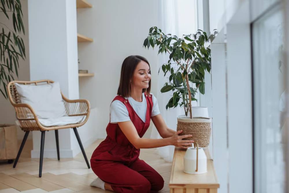 A person in a red jumpsuit kneels beside a wooden table, arranging a potted plant by a large window with natural light streaming in.